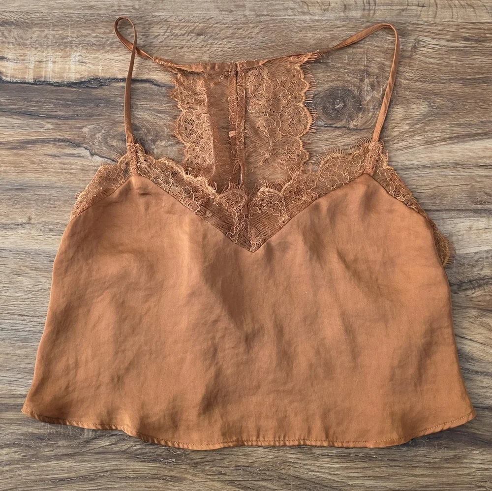 Free People Rust Orange Satin Lace-Trim Cropped Cami - Picture 3 of 6